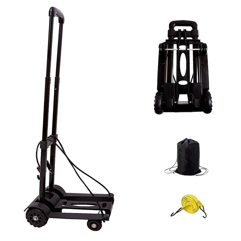 KINJOEK 40kg 88Lbs Folding Hand Truck Dolly, Foldable Luggage Cart for Luggage with 4 Wheels & Bungee Cord, Collapsible, Lightweight Compact Solid Construction Utility Cart for Travel, Black - Image 1